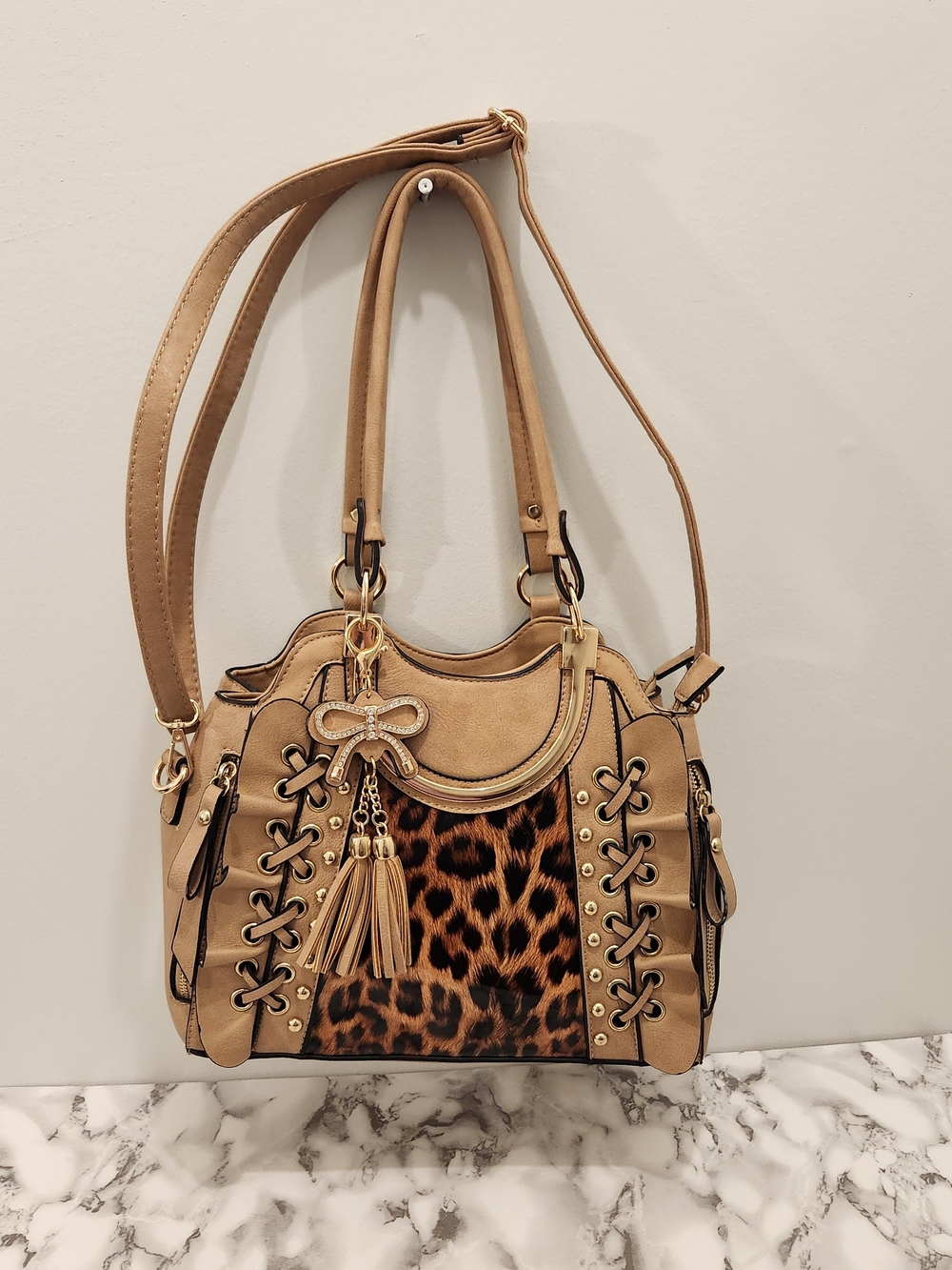 Stylish Leopard Accent Tan Women's Handbag